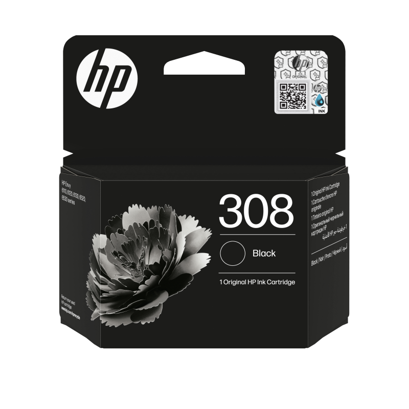 HP 308 Black Original Ink Cartridge. Cartridge capacity: Standard Yield, Black ink type: Pigment-based ink, Supply type: Single pack, Printing colours: Black, Quantity per pack: 1 pc(s), Black ink page yield: 160 pages