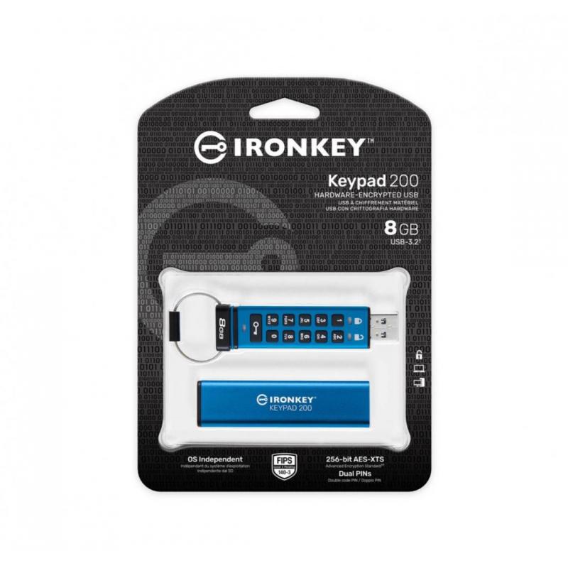 USB Flash Drive Kingston 8GB IronKey Keypad 200, USB 3.2 Gen1, FIPS140-3 Lvl 3 (Pending) AES-256 Encrypted