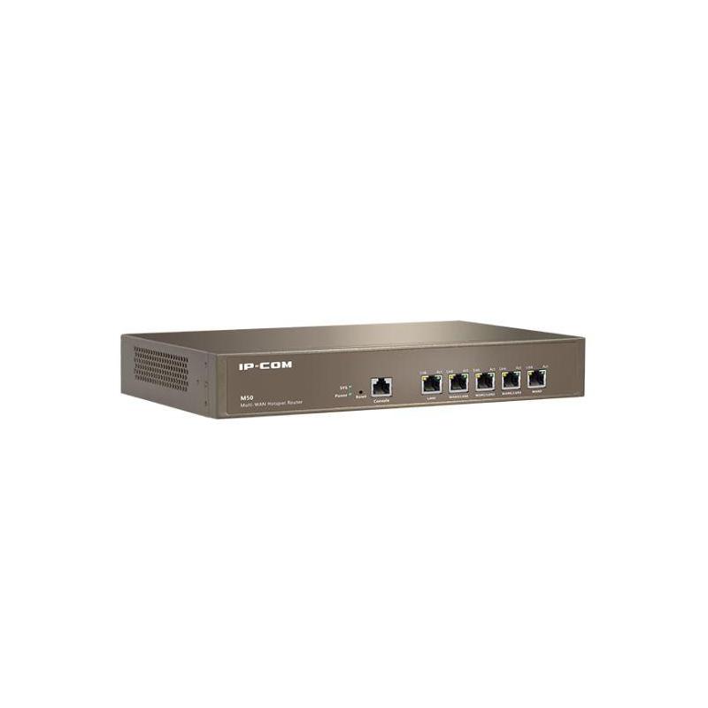 IP-COM M50 Mutti-WAN Hotspot Router, Procesor: 800Mhz Dual Core, Dimensiuni: 440*285*44(mm) 512 Mb RAM, 128 Mb Flash, Interfata: 5*GE(1~4 WAN/ 4~1 LAN), 1*RJ45 Console, capacitate maxima utilizatori: 200, Smart Bandwith Control, Tip Conexiune: PPPoE/DHCP/