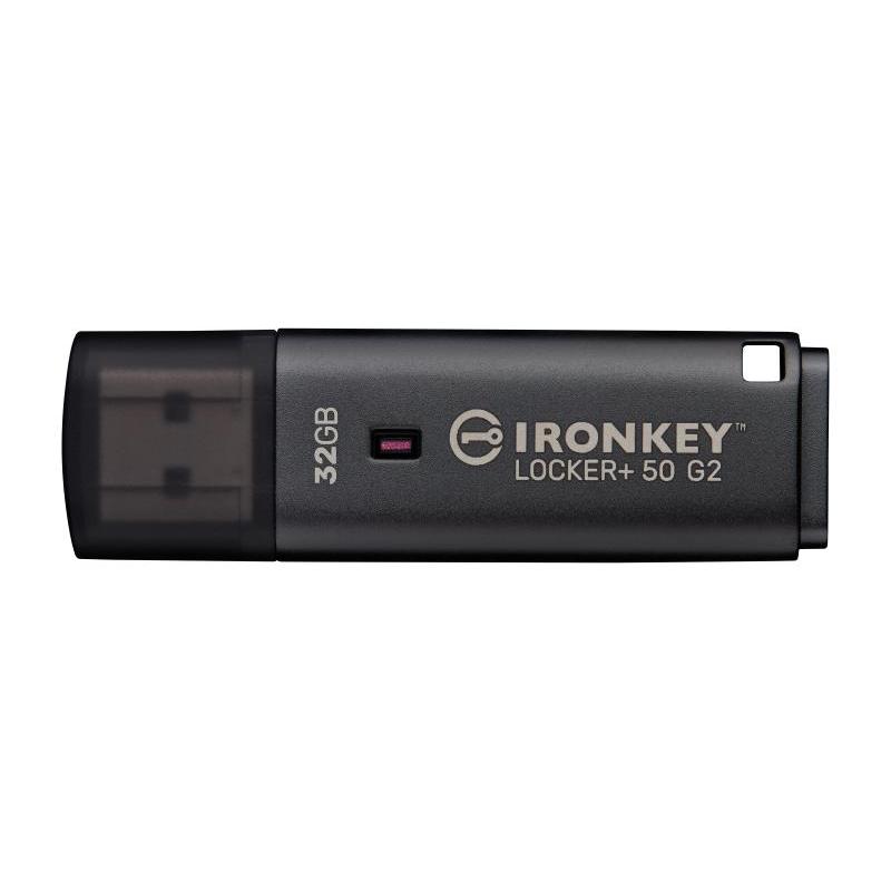 Kingston Technology IronKey Locker+ 50 G2. Capacity: 32 GB, Device interface: USB Type-A, USB version: 3.2 Gen 1 (3.1 Gen 1), Read speed: 145 MB/s, Write speed: 115 MB/s. Form factor: Cap. Weight: 22.94 g. Product colour: Black