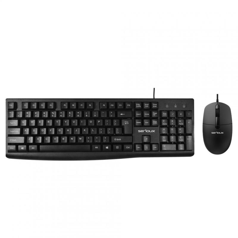 Kit Serioux cu fir, Tastatura: interfata USB, 104 taste, material ABS, US layout, lungime cablu 1.5m PVC,  dimensiuni 440*159*25mm, negru, Mouse: interfata USB, 4 butoane, polling rate 125 Hz, rezolutie DPI 1000, lungime cablu 1.5m PVC, dimensiuni 109*61*