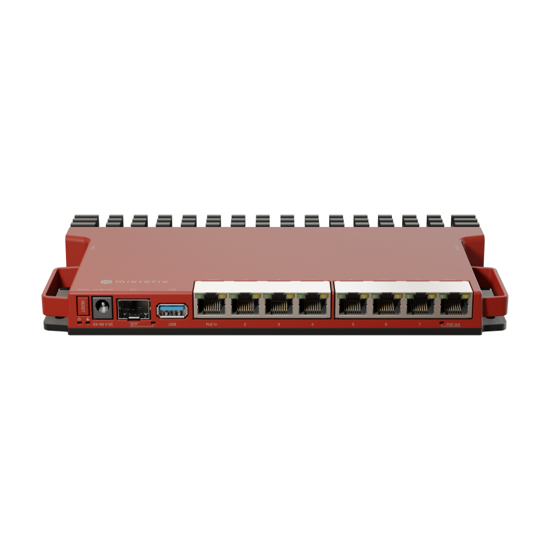 Router wireless Mikrotik L009UIGS-RM, porturi: 8x LAN1x SFP, porturi LAN/WLAN 8x 10/100/1000 Mbps, 1x 10/100/1000/2500 Mbps, procesor Dual- Core IPQ-5018 800 MHz, memorie 512 MB DDR3L, Negru - Rosu