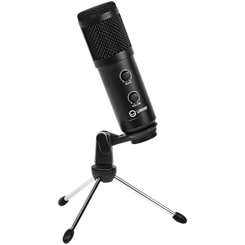LORGAR Soner 313, Gaming Microphones, Black, USB condenser microphone with Volume Knob & Echo Kob, including 1x Microphone, 1 x 2.5M USB Cable, 1 x Tripod Stand, 1 x User Manual, body size: Φ47.4*158.2*48.1mm, weight: 243.0g