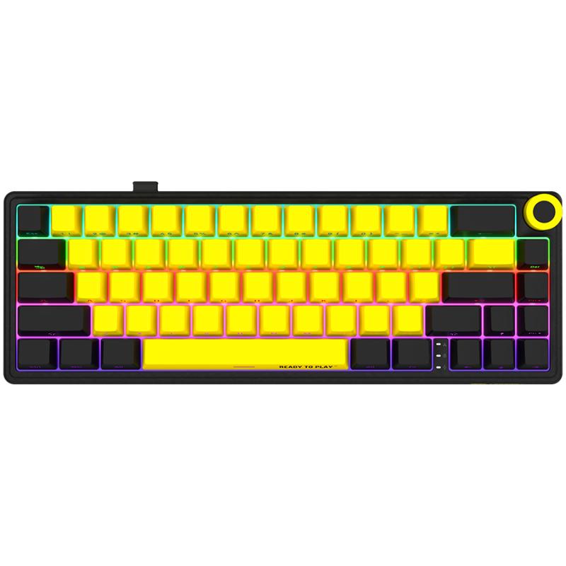 Wireless mechanical gaming keyboard Pro, 2.4 GHz, BT, RGB Backlight, 16 modes, 66 keys, 50M presses, linear Lorgar Toxic Purple switches, multimedia knob, built-in 3750 mAh battery, Hot Swap, Gasket mount, spring cable 2.3m, black yellow