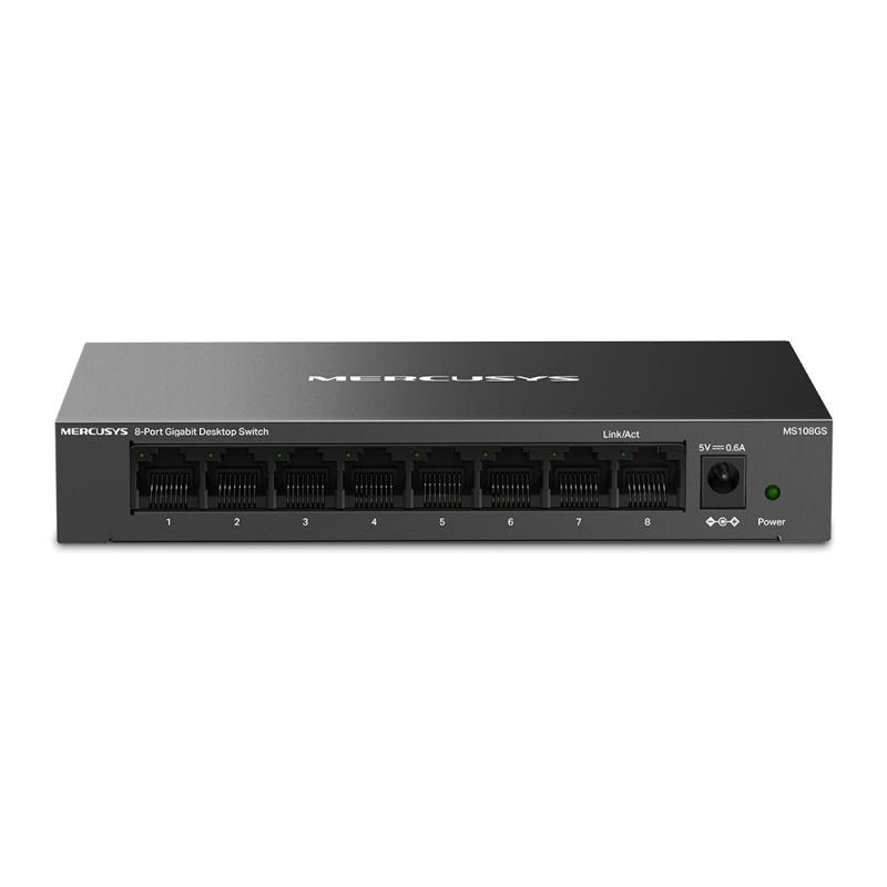 Mercusys MS108GS. Switch type: Unmanaged. Basic switching RJ-45 Ethernet ports type: Gigabit Ethernet (10/100/1000), Basic switching  RJ-45 Ethernet ports quantity: 8. Full duplex. MAC address table: 8000 entries, Switching capacity: 16 Gbit/s. Networking