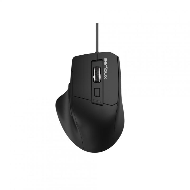 Mouse optic cu fir Serious USB 6D, Culoare neagra, Design ERGO Complet negru cu capac superior din cauciuc, 6 butoane DPI: 1200-1800-2400-3600DPI, Cablu PVC negru de 1,5 m, aaaaawAmbalaj OEM în cutie de culori