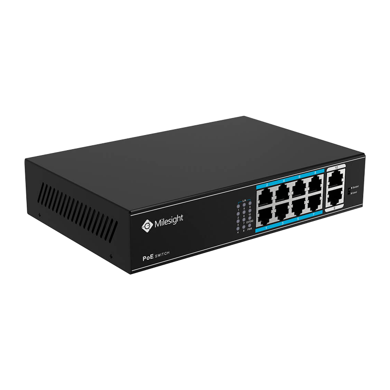 POE Switch Milesight 8 Porturi POE MS-S0208-EL, Porturi: 8 × 10/100 Mbps PoE ports (RJ45),2 × 1000 Mbps uplink ports, Alimentare: Built-in switching power supply AC 100~240 V, 50-60 Hz, 2.2 A; Standard POE: IEEE802.3af/at; Buget POE: max. 120W, max 30W pe