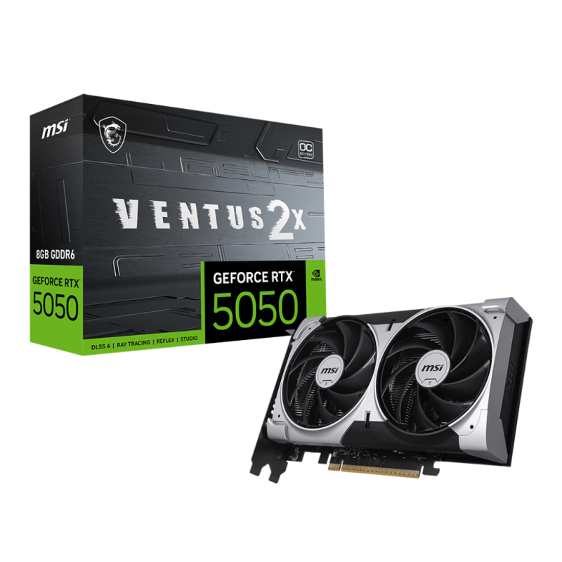 MSI GEFORCE RTX 5050 8G VENTUS 2X OC. Graphics processor family: NVIDIA, Graphics processor: GeForce RTX 5050. Discrete graphics card memory: 8 GB, Graphics card memory type: GDDR6, Memory bus: 128 bit. Maximum resolution: 7680 x 4320 pixels. DirectX vers