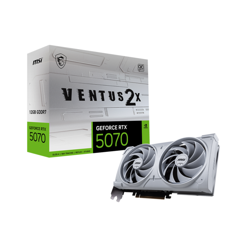 MSI GeForce RTX5070 VENTUS 2X OC White. Graphics processor family: NVIDIA, Graphics processor: GeForce RTX 5070. Discrete graphics card memory: 12 GB, Graphics card memory type: GDDR7, Memory bus: 192 bit. Maximum resolution: 7680 x 4320 pixels. DirectX v