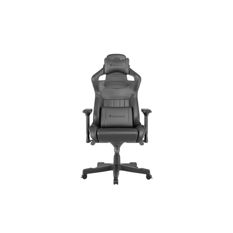 Scaun gaming Genesis Nitro 950, material piele ecologica, reglabil pe inaltime, greutate maxima suportata 150 kg, inaltime scaun reglabil 50 - 55 cm, spatar ajustabil 160°, dimensiuni roti 60mm,  echipat cu piston cu gaz clasa 4, manere 4D, negru