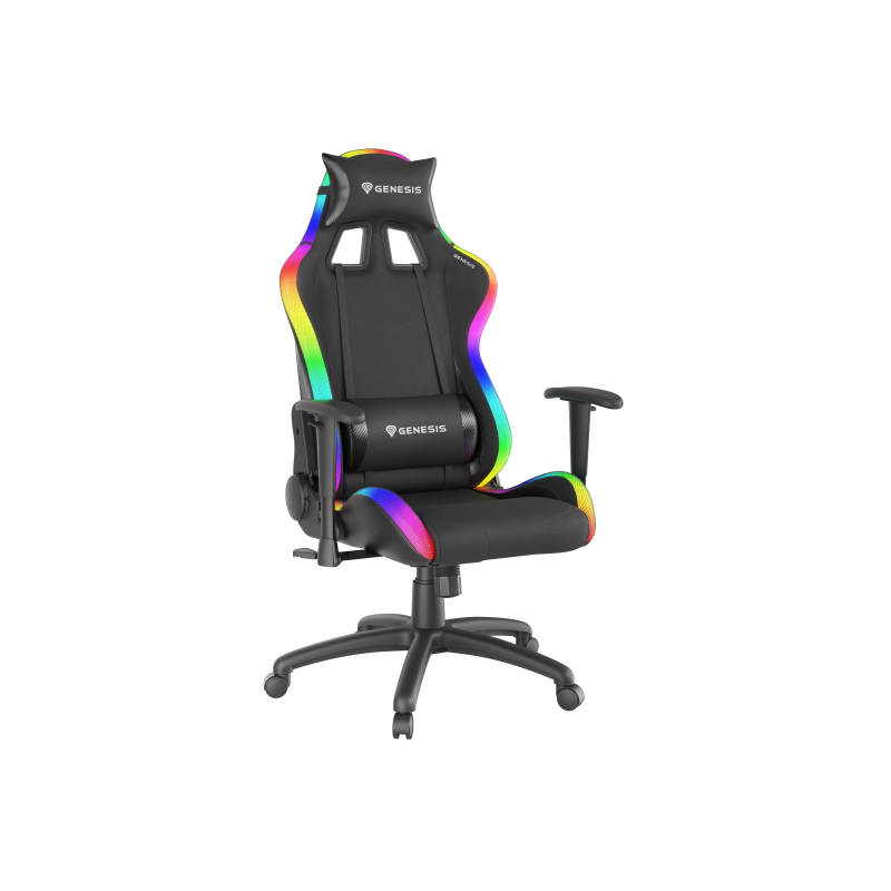 Scaun gaming Genesis Trit 500, material piele ecologica + textil, iluminare RGB, reglabil pe inaltime, greutate maxima suportata 120 kg, inaltime scaun reglabil 44.5 - 52.5 cm, spatar ajustabil 150°, dimensiuni roti 60mm,  echipat cu piston cu gaz clasa 4