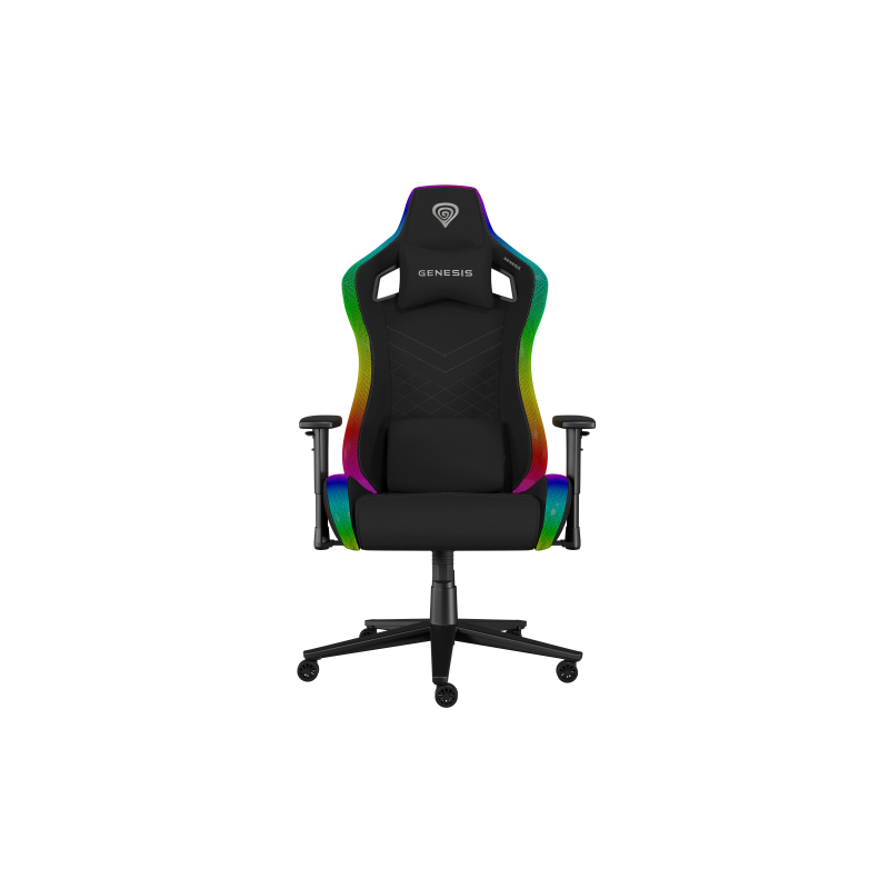 Scaun gaming Genesis TRIT 660, material textil, iluminare RGB, reglabil pe inaltime, greutate maxima suportata 150 kg, inaltime scaun reglabil 45 - 52 cm, spatar ajustabil 160°, dimensiuni roti 60mm,  echipat cu piston cu gaz clasa 4, manere 2D, negru