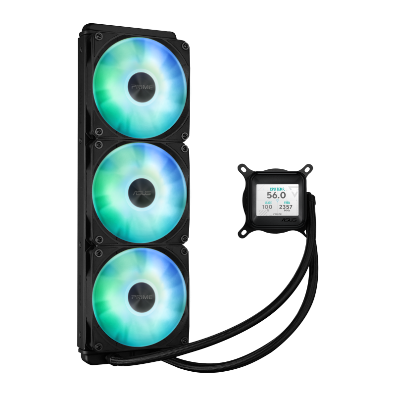 Cooler Procesor ASUS PRIME LC 360 LCD ARGB NEGRU, marime radiator 360mm, 3 ventilatoare ARGB, Viteza ventilatoare 2200 RPM +/- 10%, Suport AMD: AM4, AM5, suport INTEL: LGA 1851/115x/1200/1700, Airflow: 75.7 CFM, Nivel de zgomot ventilatoare: 37.6dBA
