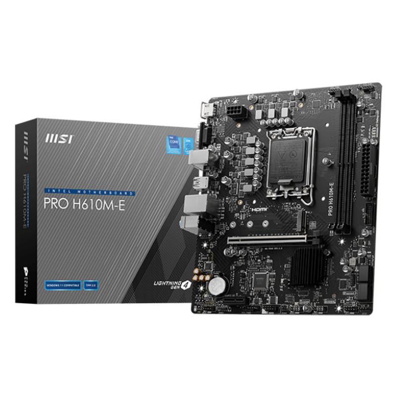 MSI PRO H610M-E, mATX, LGA 1700, Dual Channel DDR5 5600+MHz, 1x PCIe x16 slot, 1x M.2 slot, 1x HDMI, 1x VGA, 2x USB 3.2 Gen 1, 4x USB 2.0, 7.1 HD Audio, Realtek ALC897 Codec, 3Y