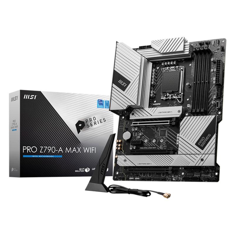 MSI PRO Z790-A MAX WIFI, ATX, Socket 1700, Dual Channel 4xDDR5 7800+(OC)MHz, 3x PCIe x16 slot, 4x M.2 slot, 1x HDMI, 2x USB 3.2 Gen 1, 4x USB 2.0, 1x USB 3.2 Gen 2, 7.1 HD Audio, 2.5Gbps LAN, 3Y