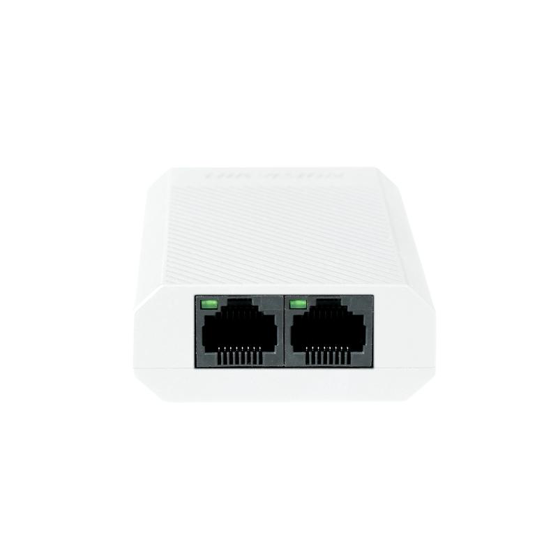Repetor PoE Hikvision DS-3E0503DP-E/R: 1 × Gigabit PoE IN port si 2 × Gigabit PoE OUT port, buget PoE 30W, dimensiuni: 88.0 mm × 22.0 mm × 58.0 mm, greutate: 0.058 kg, montare pe birou.