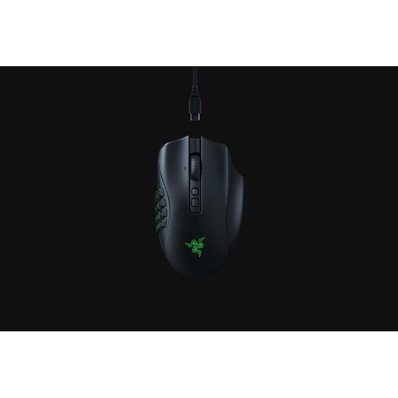Mouse Razer Naga V2 PRO  Connectivity       Razer HyperSpeed Wireless (2.4GHz)     Bluetooth     Wired – Speedflex Cable USB Type C  Battery Life       Up to 150 hours (on HyperSpeed Wireless)     Up to 300 hours (on Bluetooth)  RGB Lighting  Razer Chroma