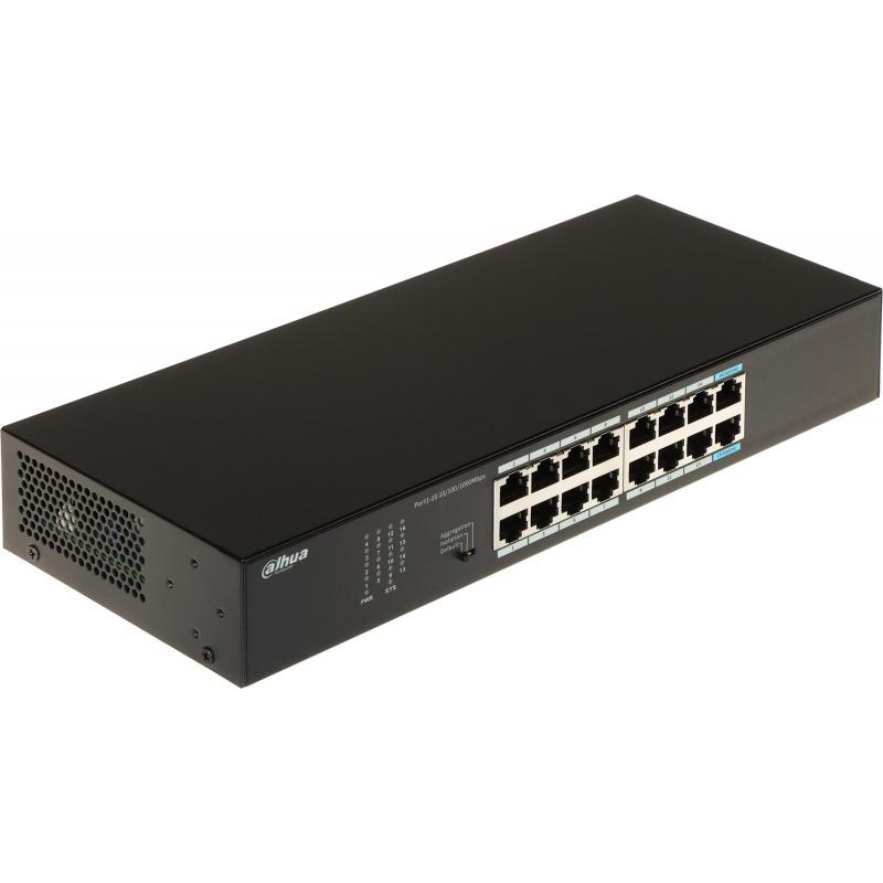 Switch Dahua 16 porturi Unmanaged, S3016-16GT, Interfata: 14 x 10/100 Mbps, 2x uplink, Capacitate: 32 Gbps, Packet Forwarding Rate: 23.808 MPPS, Greutate: 740g, Dimensiuni: 294 mm × 119 mm × 44 mm, Material carcasa: metal.