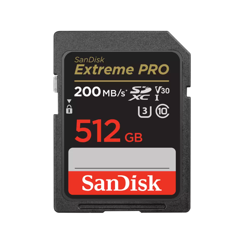 SanDisk Extreme PRO. Capacity: 512 GB, Flash card type: SDXC, Flash memory class: Class 10, Read speed: 200 MB/s, Write speed: 140 MB/s, UHS Speed Class: Class 3 (U3), Video Speed Class: V30. Protection features: Shock resistant, Waterproof, X-ray proof, 
