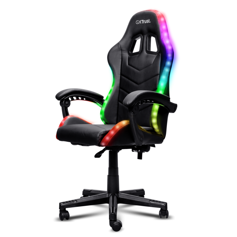Scaun gaming Trust GXT 704 Roniq RGB, 5 roti, gas lift clasa 3, ajustabil pe inaltime, material PU leather, greutate maxima suportat 110 kg, negru