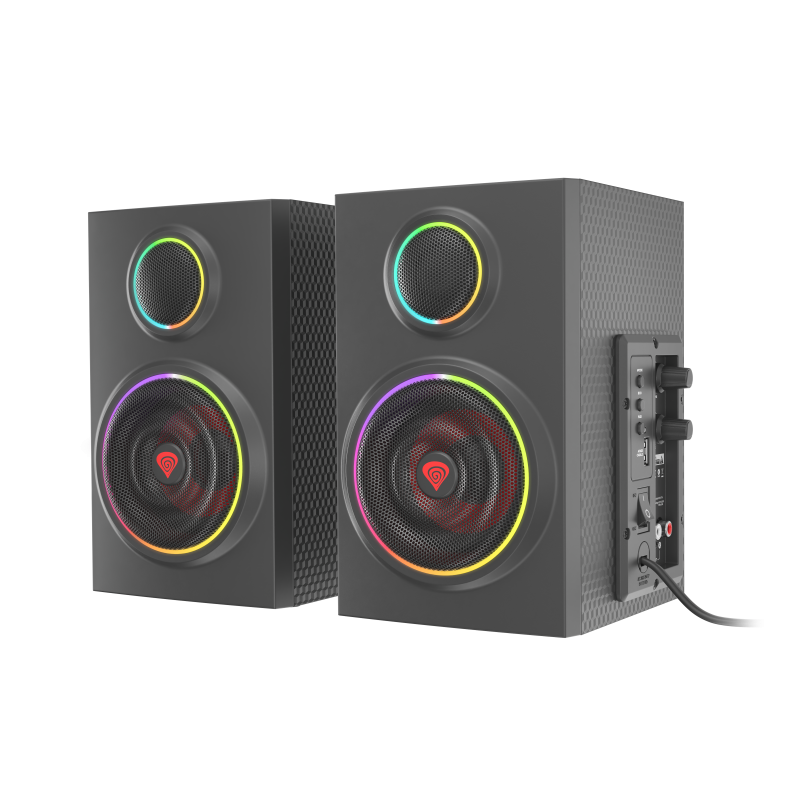 Sistem audio 2.0 Genesis HELIUM 300BT, putere totala RMS 24 W, frecventa raspuns 100 - 20000 Hz, material lemn, iluminare ARGB, negru