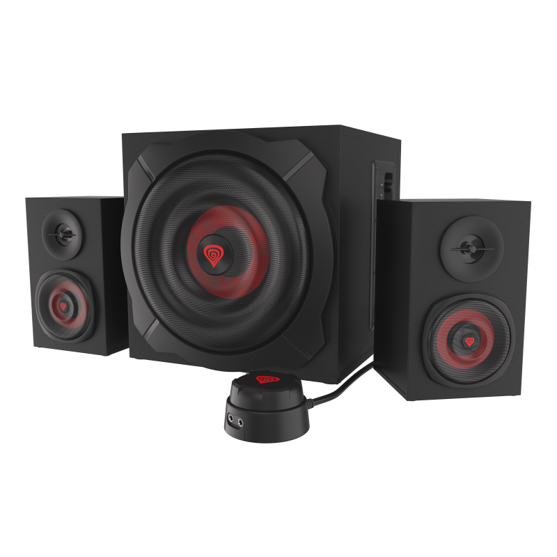Sistem audio Genesis HELIUM 610BT, putere maxima RMS 60W, frecventa raspuns 40 - 20000 Hz, conectivitate mini jach, bluetooth 4.2, material lemn, negru/rosu
