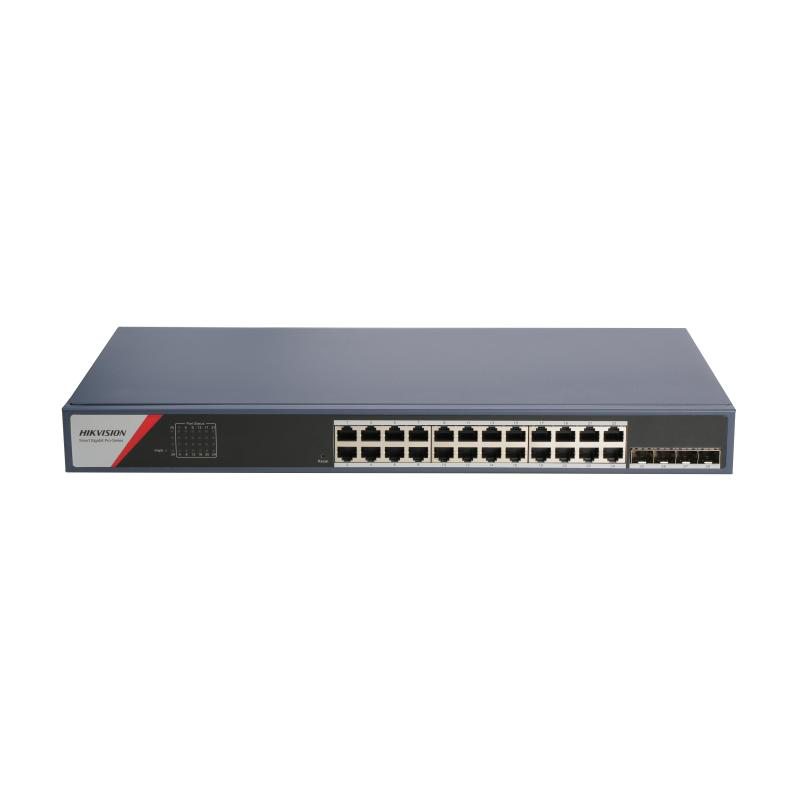 Switch 24 porturi Gigabit Hikvision DS-3E1528-SI-24T4F, 24 x gigabit RJ45 ports, 4 x gigabit fiber optical port, Support DHCP snooping, Support 802.1Q VLAN, Support ACL List, Support STP/ERPS loop prevention, storm control, Support ARP Anti-Spoofing, Supp