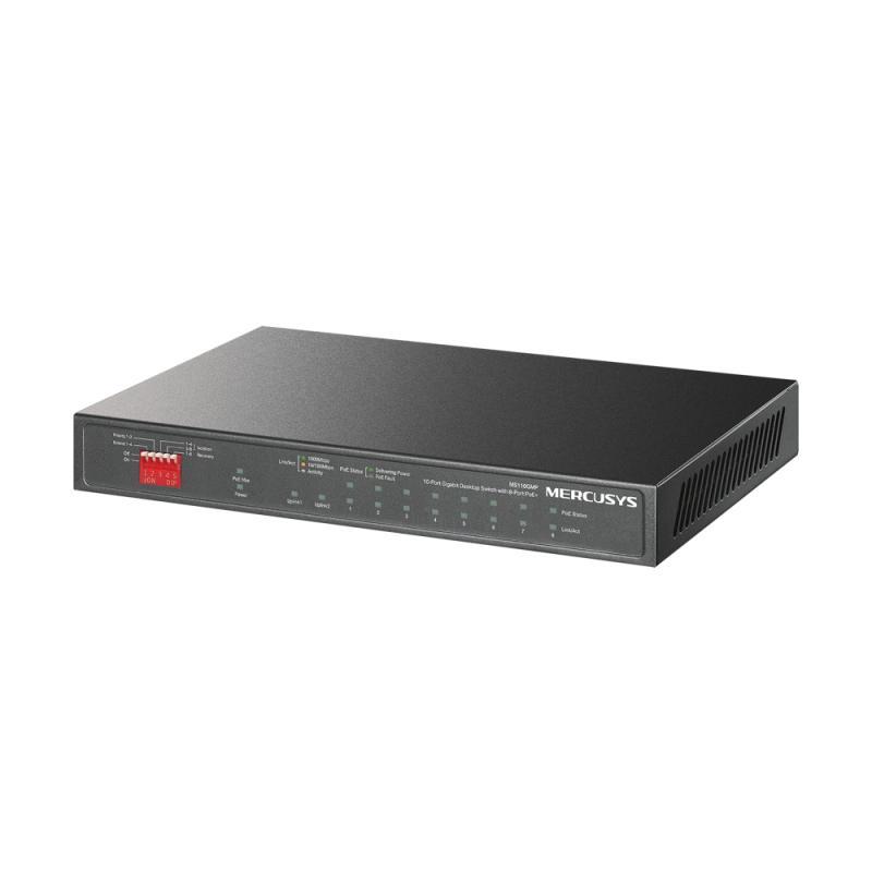 Switch desktop Mercusys 8× 10/100/1000 Mbps PoE+ Ports, 2× 1000 Mbps RJ45 Ports, AUTO Negotiation, AUTO MDI/MDIX, 10BASE-T: UTP category 3, 4, 5 cable (maximum 100m), EIA/TIA-568 100Ω STP (maximum 100m), • EIA/TIA-568 100Ω STP (maximum 100m), 1000BASE-T: 