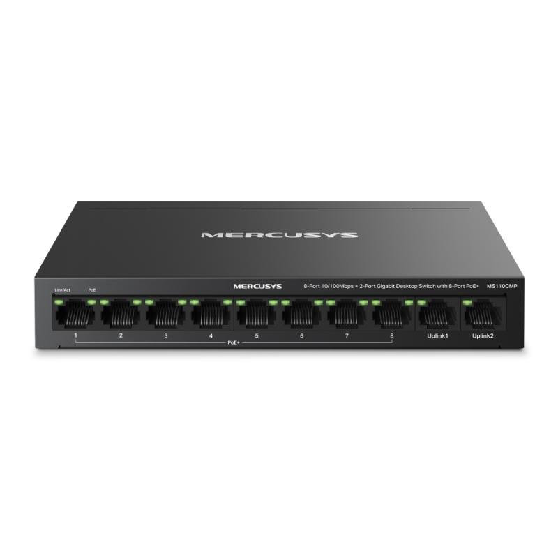 Switch desktop Mercusys 8-Port 10/100 Mbps + 2-Port Gigabit Desktop Switch with 8-Port PoE+, IEEE 802.3x Flow Control, 5.6 Gbps, dimensiuni 6.7 × 3.9 × 1.1 in (171 × 98 × 27 mm)