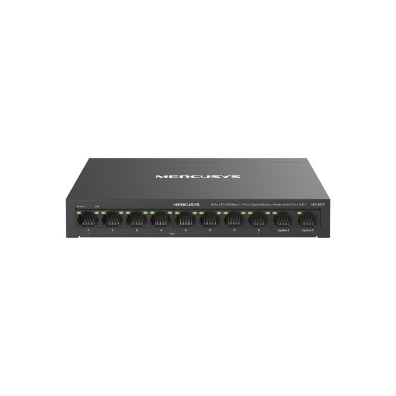 Switch desktop Mercusys 8-Port 10/100 Mbps + 2-Port Gigabit Desktop Switch with 8-Port PoE+, IEEE 802.3x Flow Control, 5.6 Gbps, dimensiuni 6.7 × 3.9 × 1.1 in (171 × 98 × 27 mm)