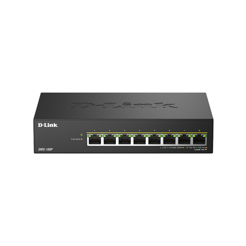 Switch DLink DMS-108P, 8 porturi, PoE, 8 x RJ-45, Auto MDI/MDIX adjustment for all ports, viteza de transfer LAN 2.5 Gbps, capacitate 40 Gbps