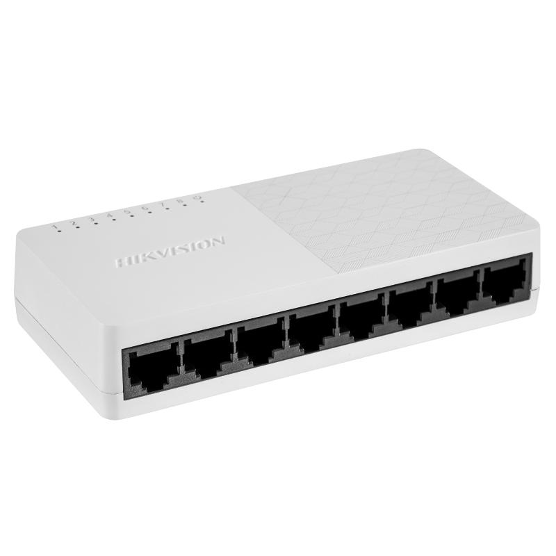 Switch Hikvision DS-3E0108D-O: 8 x 10/100 Mbps ethernet port, MDI/MIDX, tensiune alimentare 5 VDC, 0.6 A, dimensiuni: 124.00 mm × 22.00 mm × 52.00 mm, greutate: 0.059 kg, montare pe birou sau pe perete.