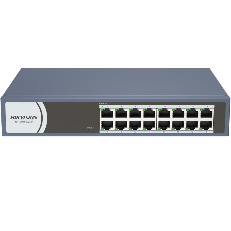 Switch Hikvision DS-3E0116R-O: 16 × 10/100 Mbps RJ45 Port,  tensiune alimentare 220 VAC, 50/60 Hz, dimensiuni: 257..0 mm × 44.5 mm × 175.8 mm, greutate: 1.1kg, montare pe birou, in rack sau pe perete.