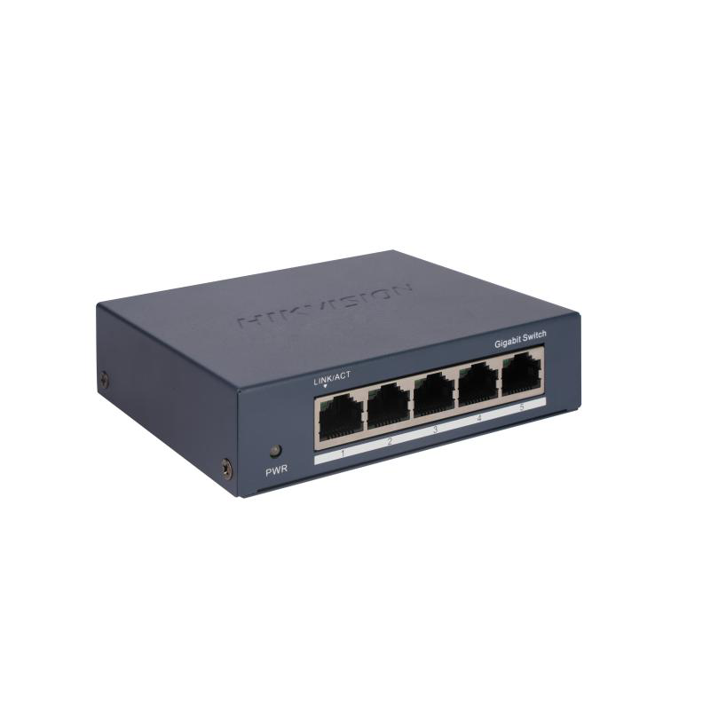 Switch Hikvision DS-3E0505-O: 5 × Gigabit RJ45 ports, 10 Gbps, 1000M network access, alimentare: 5VDC, 0.6A, dimensiuni: 105.00 mm × 27.60 mm × 83.10 mm, greutate: 0.17kg, montare pe birou sau pe perete.