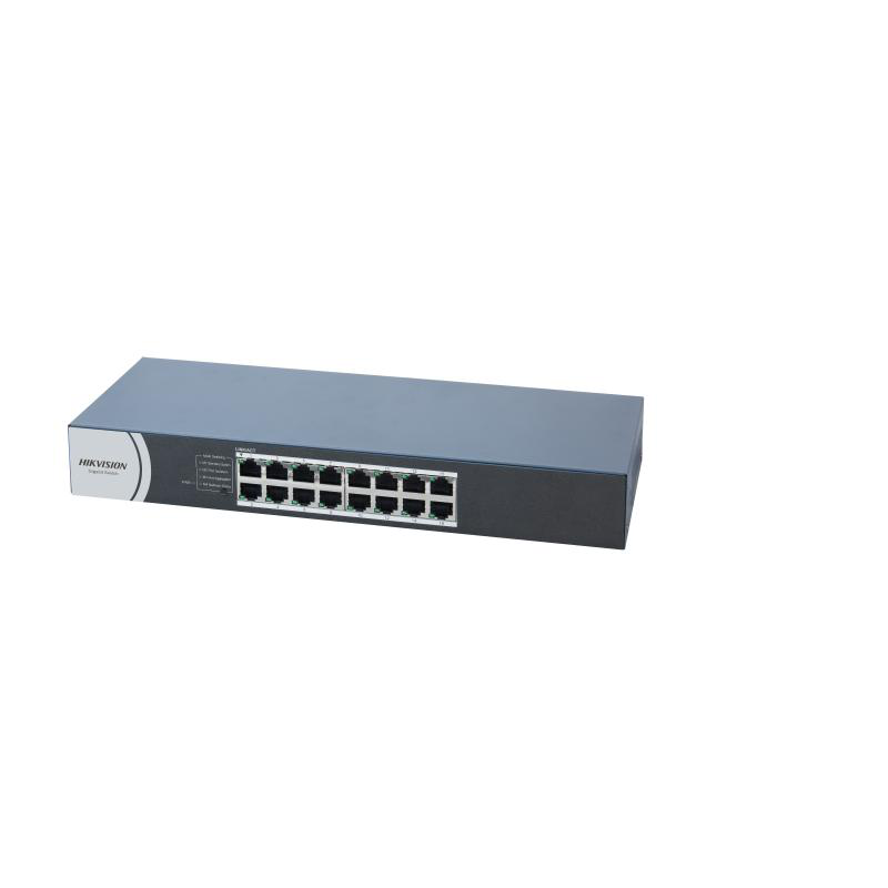 Switch Hikvision DS-3E0516R-O: 16 × 10/100/1000 Mbps RJ45 Port, tensiune alimentare: 100-240 VAC, 50/60 Hz, Max. 0.3 A, dimensiuni: 327.00 mm × 44.00 mm × 118.00 mm, greutate: 0.9kg, montare in rack.