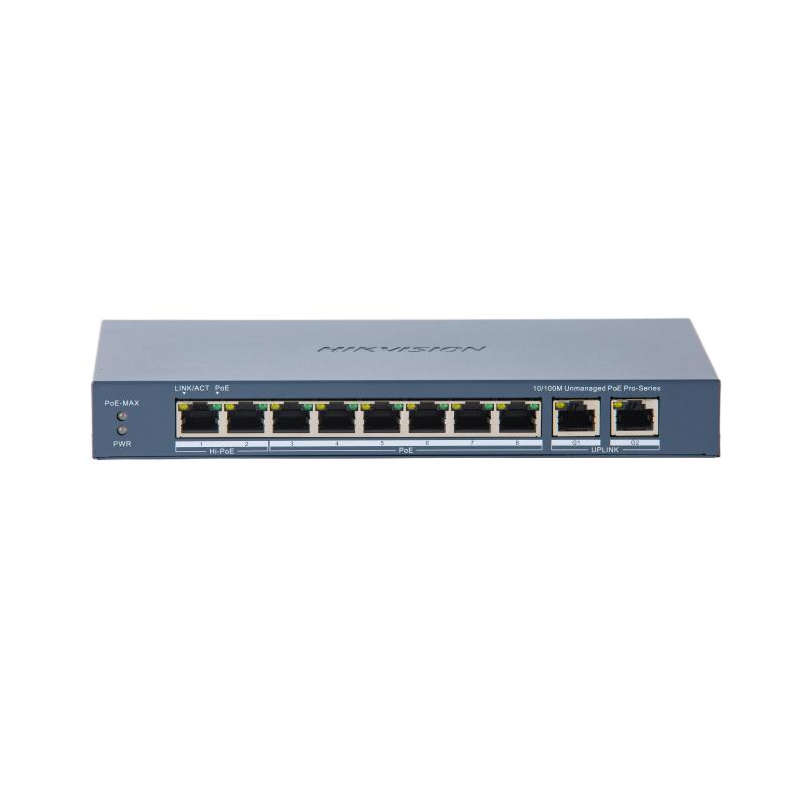 Switch PoE Hikvision DS-3E0310HP-E(C): 8 × 10/100 Mbps PoE port,2 × Gigabit RJ45 port, 16 porturi PoE maxim 30W, buget PoE 130W, tensiune alimentare: 54 VDC, 2.22 A., dimensiuni: 217.6 mm × 27.6 mm × 108.5 mm, greutate: 1.27kg, montare pe birou.