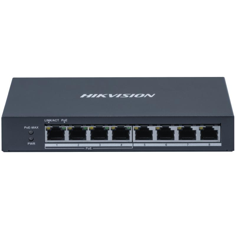 Switch PoE Hikvision DS-3E0508P-O: 4 × Gigabit PoE port, 4 × Gigabit RJ45 port, PoE: Ports 1 to 4 maxim 30W, buget PoE 60W, tensiune alimentare 1 48 VDC, 1.35 A, dimensiuni: 170.0 mm × 27.6 mm × 93.1 mm, greutate: 0.365kg, montare in rack.