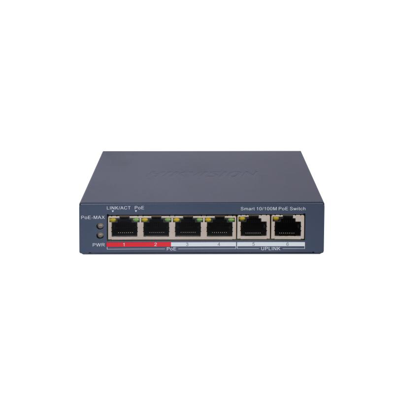 Switch PoE Hikvision DS-3E1106P-EI: 4 × 10/100 Mbps PoE port,2 × 10/100 Mbps RJ45 port, 4 porturi PoE maxim 30W, buget PoE 60W, tensiune alimentare 65 W, dimensiuni: 121.1 mm × 27.6 mm × 83.1 mm, greutate: 0.270kg, montare pe birou sau pe perete.