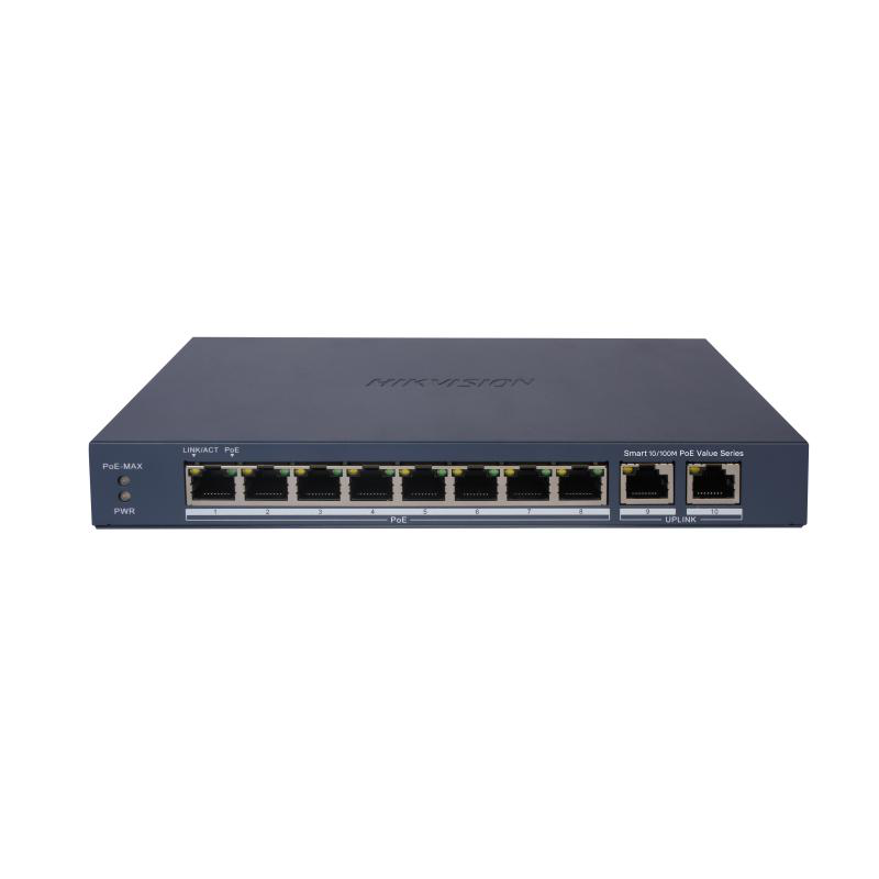 Switch PoE Hikvision DS-3E1310P-EI/M: 8 × 10/100 Mbps PoE ports,2 × Gigabit RJ45 port, 8 porturi PoE maxim 30W, buget PoE 60W, tensiune alimentare DC54 V,1.2 A, dimensiuni: 217.6 mm × 27.6 mm × 108.5 mm, greutate: 0.54kg, montare pe birou sau pe perete.
