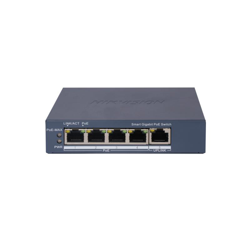 Switch PoE Hikvision DS-3E1505P-EI, 4 × Gigabit PoE port,1 × Gigabit RJ45 port, Total PoE Power Budget 60W, Support 802.1Q VLAN, capacitate: 10 Gbps, alimentare: 54VDC, 1.2A, dimensiuni: 121.1 mm × 27.6 mm × 83.1 mm, greutate: 0.26kg.