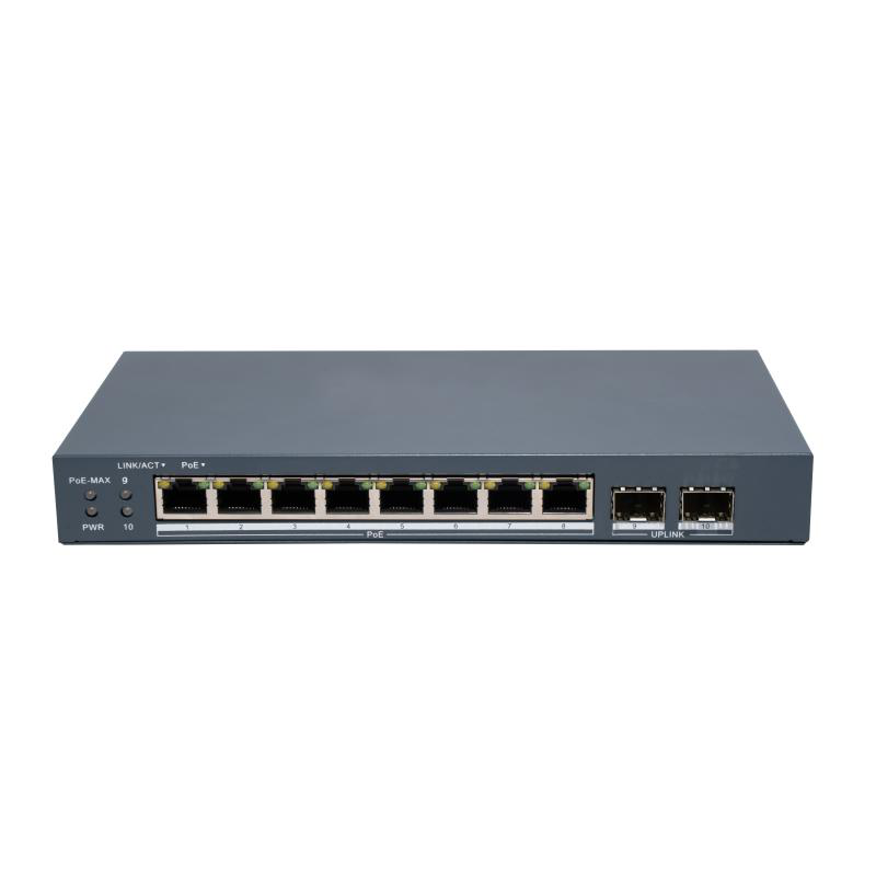 Switch PoE Hikvision DS-3E1510P-EI/M-8P2F: 8 × Gigabit PoE port,2 × Gigabit Fiber Optical port, 8 porturi PoE maxim 30W, buget PoE 80W, tensiune alimentare 54VDC, 1.6A, dimensiuni: 217.6 mm × 27.6 mm × 108.5 mm, greutate: 1.08kg, montare pe birou sau pe p