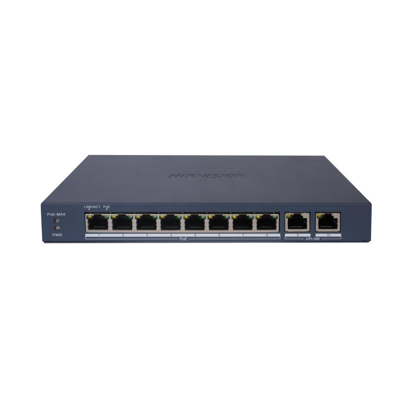 Switch PoE Hikvision DS-3E1510P-EI/M(B): 8 × Gigabit PoE port,2 × Gigabit RJ45 port, 8 porturi PoE maxim 30W, buget PoE 80W, tensiune alimentare 54VDC, 1.6A, dimensiuni: 217.6 mm × 27.6 mm × 108.5 mm, greutate: 0.54kg, montare pe birou sau pe perete.