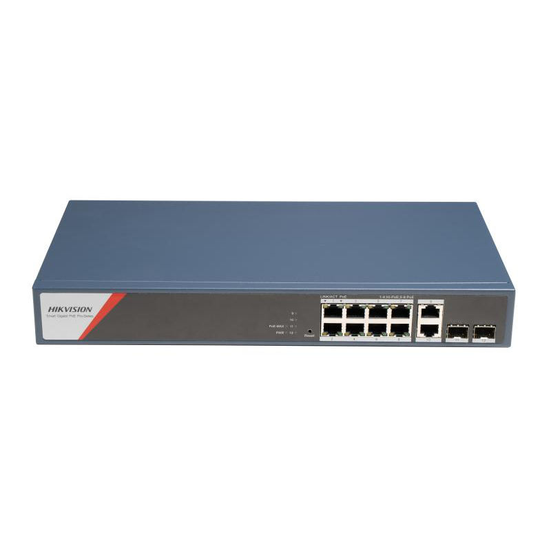 Switch PoE Hikvision DS-3E1512HP-SI-8P2T2F: 8 x 10/100/1000 Mbps PoE Ports, 2 × 10/100/1000 Mbps RJ45, 2 x 10/100/1000 Mbps SFP, 8 porturi PoE maxim 90W, buget PoE 130W, tensiune alimentare: 100-240V~ 50/60Hz 2.5A, dimensiuni: 335 mm × 44.5 mm × 175.8 mm,