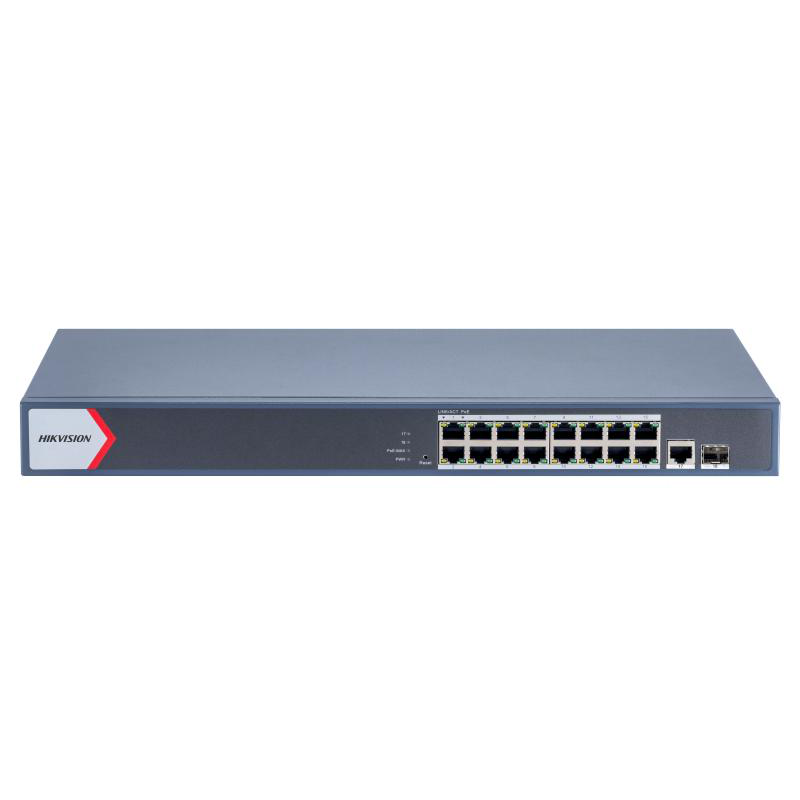 Switch PoE Hikvision DS-3E1518P-EI/M: 16 x gigabit PoE RJ45 ports, 1 × gigabit RJ45 port, 1 x gigabit fiber optical port, 16 porturi PoE maxim 30W, buget PoE 130W, tensiune alimentare 100~240 VAC, 50/60 Hz, Max. 2.5 A, dimensiuni: 440.0 mm × 220.8 mm × 44
