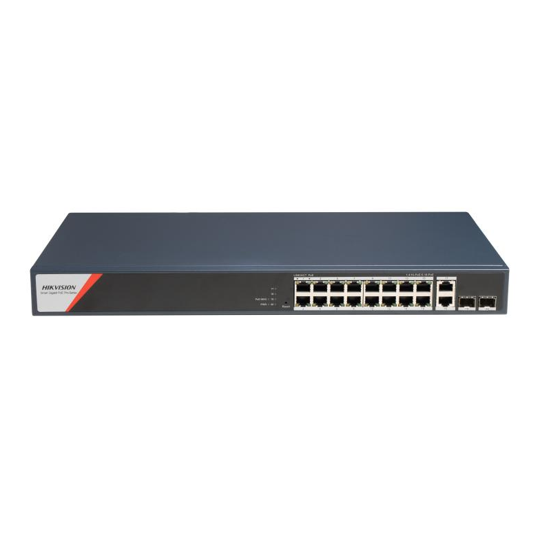 Switch PoE Hikvision DS-3E1520HP-SI-16P2T2F: 16 x 10/100/1000 PoE Ports, 2 × 10/100/1000 Mbps RJ45, 8 porturi PoE maxim 90W, buget PoE 230W, tensiune alimentare: 100-240V~ 50/60Hz 4 A, dimensiuni: 440 mm × 44 mm × 220.8 mm, greutate: 2.73kg, montare pe bi