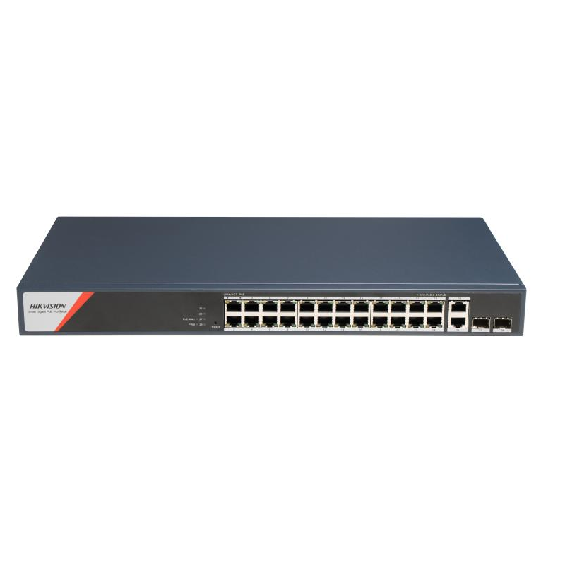 Switch PoE Hikvision DS-3E1528HP-SI-24P2T2F: 24 x 10/100/1000 Mbps PoE Ports, 2 × 10/100/1000 Mbps RJ45, 2 x 10/100/1000 Mbps SFP, 24 porturi PoE maxim 90W, buget PoE 370W, tensiune alimentare: 100-240V~ 50/60Hz 6.3 A, dimensiuni: 440 mm × 44 mm × 220.8 m