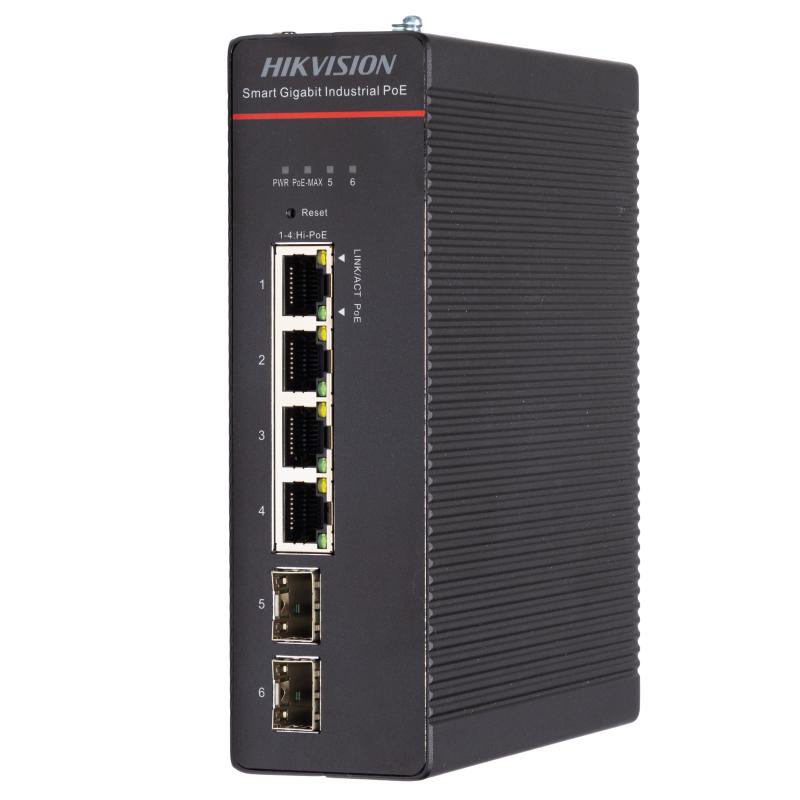 Switch PoE Hikvision DS-3T1506HP-SI-4P2F: 4 x Gigabit Hi-PoE RJ45 Ports, 2 × Gigabit SFP Fiber Optical Ports, 4 porturi Hi-PoE maxim 90W, buget PoE 300W, tensiune alimentare: 48 V DC, 57 A / 52 V~57 V recommended input voltage to ensure stable power suppl