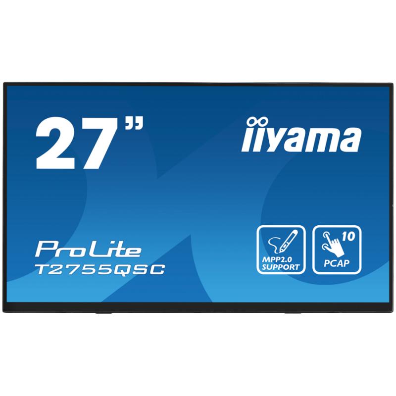 IIYAMA Monitor LED T2755QSC-B1  27” Optical Bonded PCAP 10pt IPS Edge to edge glass 2560 x 1440 @75Hz 400 cd/m² HDMI DP USB Hub Tilt angle	15° up; 70° down