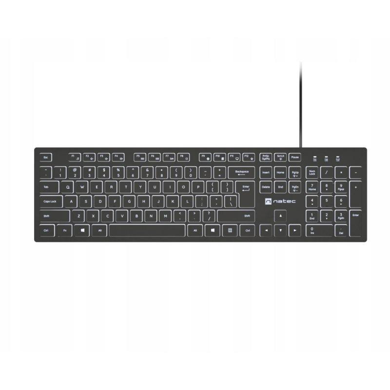 Tastatura Natec cu fir Herring Slim, membrana, iluminare alb taste, lungime cablu 150cm, 105 taste, layout ANSI-ISO, negru