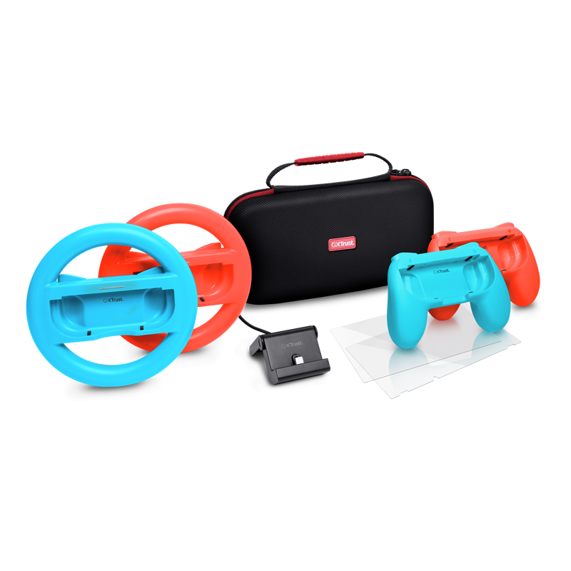 Pachet accesorii Trust pentru conosola Nintendo Switch, pachetul contine: husa de transport, 2 x prinderi Joy-Con, 2 x volan, sticla securizata pentru Switch, sticla securizata pentru Switch OLED, stand de incarcare, cablu USB-C-A, manual de utilizator